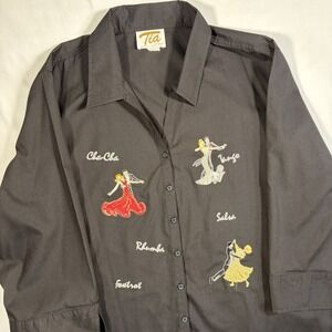 Tia Designs Ballroom Dance Embroidered Shirt Black 3/4 Sleeve Salsa Tango Large